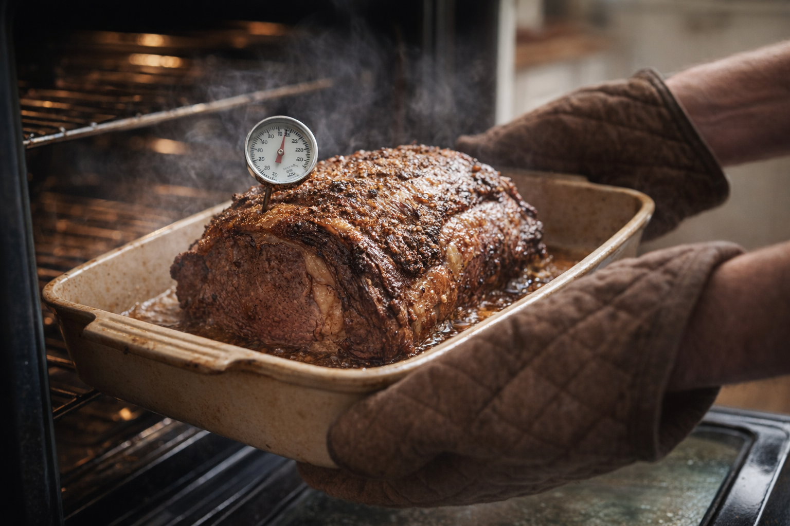 An action shot of a prime rib roast being removed from the oven, golden brown and sizzling, with a meat thermometer inserted